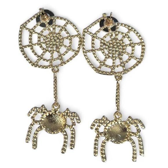 Kawaii Large Spiderweb Spider Drop Dangle Earrings with Pink & Black Rhinestones - Picture 4 of 4